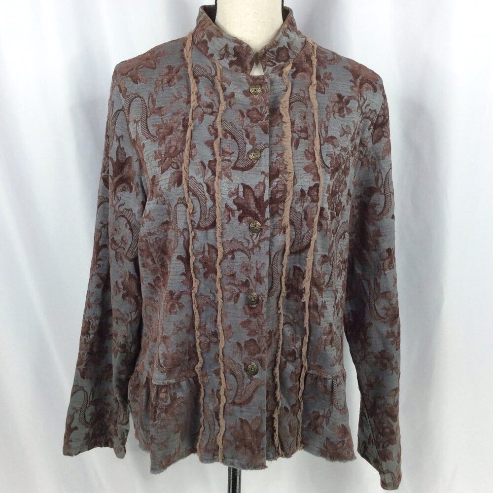 By JJ Tapestry Blazer Jacket Womens Large Blue‎ Brown Floral Paisley Victorian